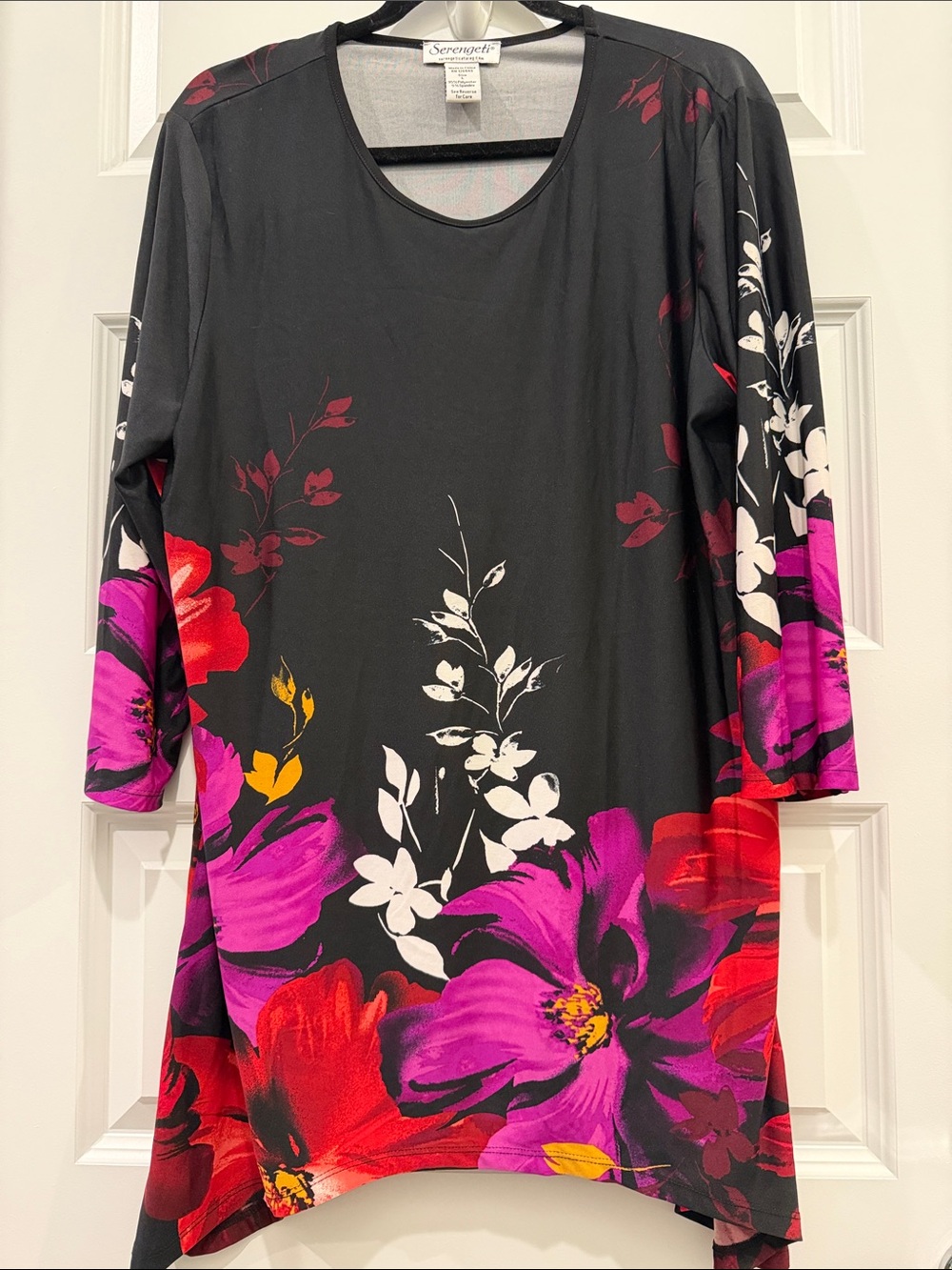 Serengeti Black Floral Scoop Neck Tunic with Bold Pink & Red Blooms